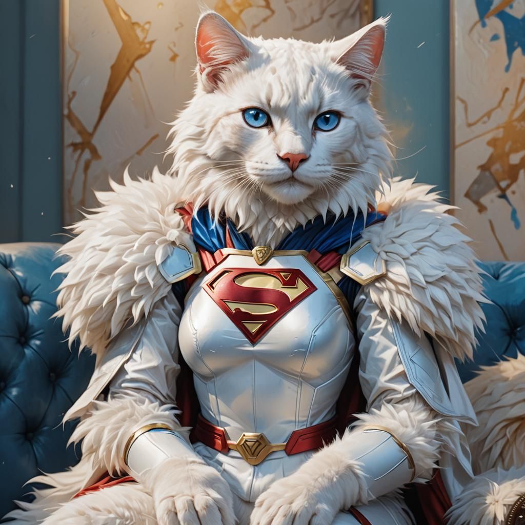 Supergirl Cat: Hyperrealistic Anthro Feline on Couch