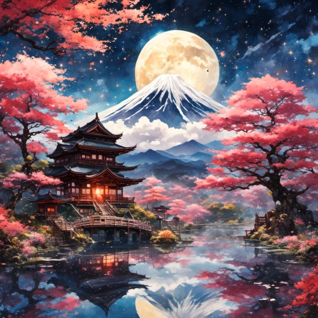 Crane in Japanese Garden with Mount Fuji in Anime Style