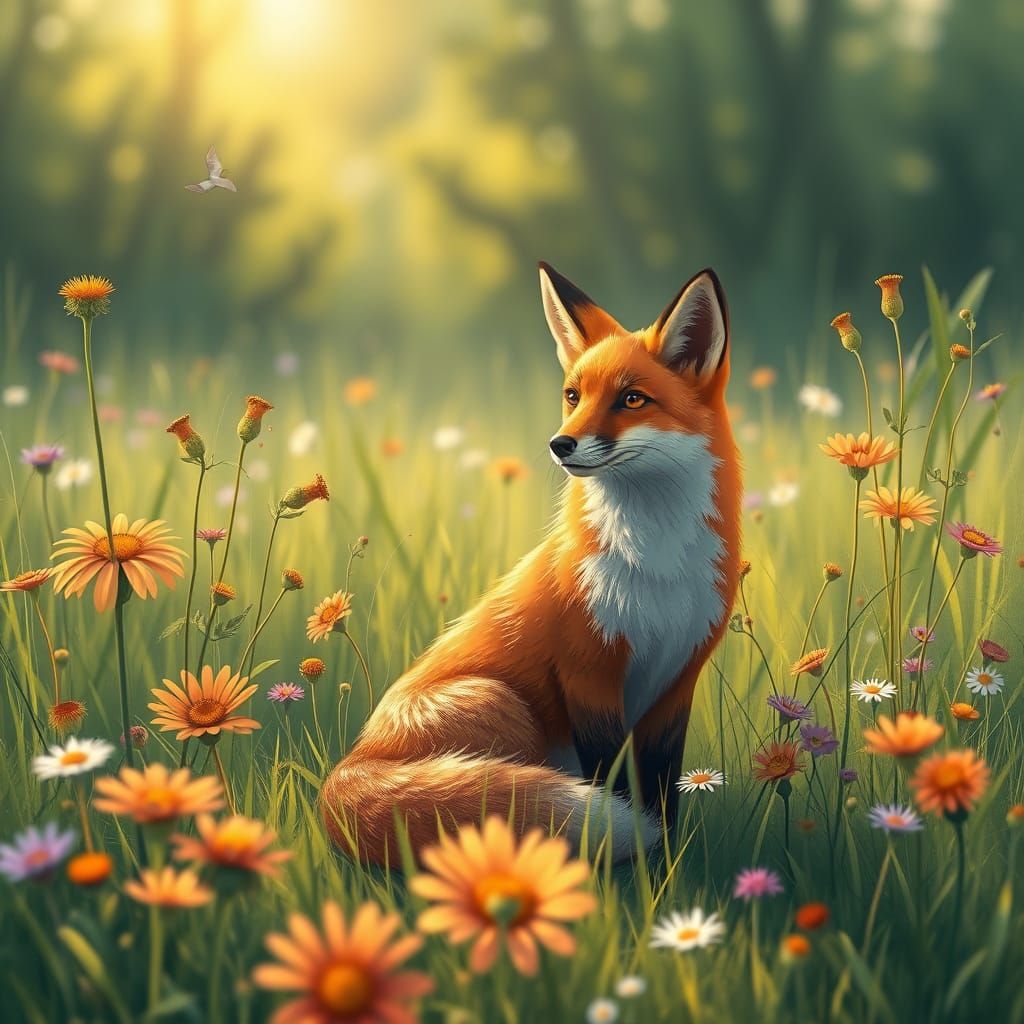 Serene Fox in Meadow, Whimsical Art Style