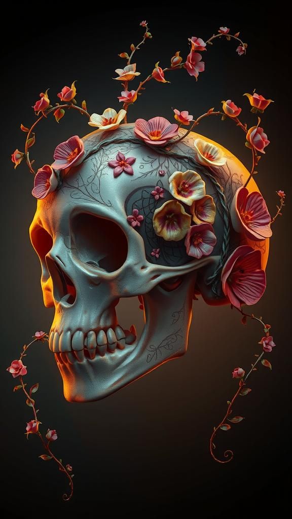 Floral Skull: Dark Surrealism in Digital Art