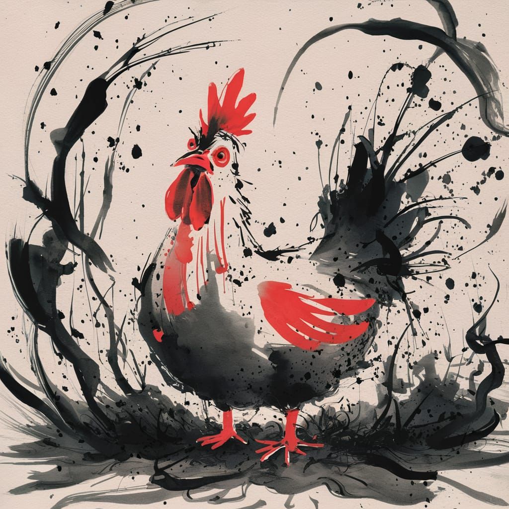 Whimsical Chicken in Japanese Ink Painting Style
