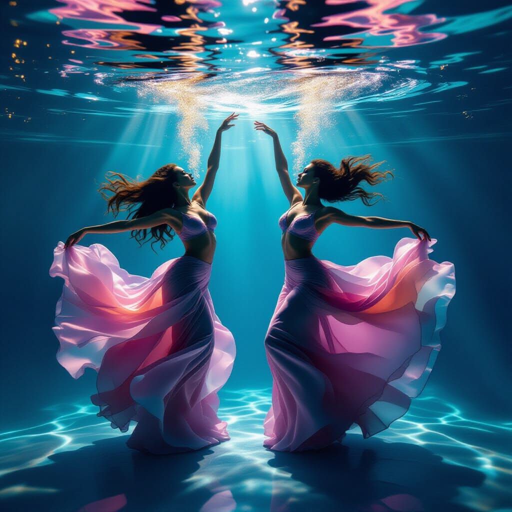 Underwater Dancers in Swirling Rose and Azure Pigments