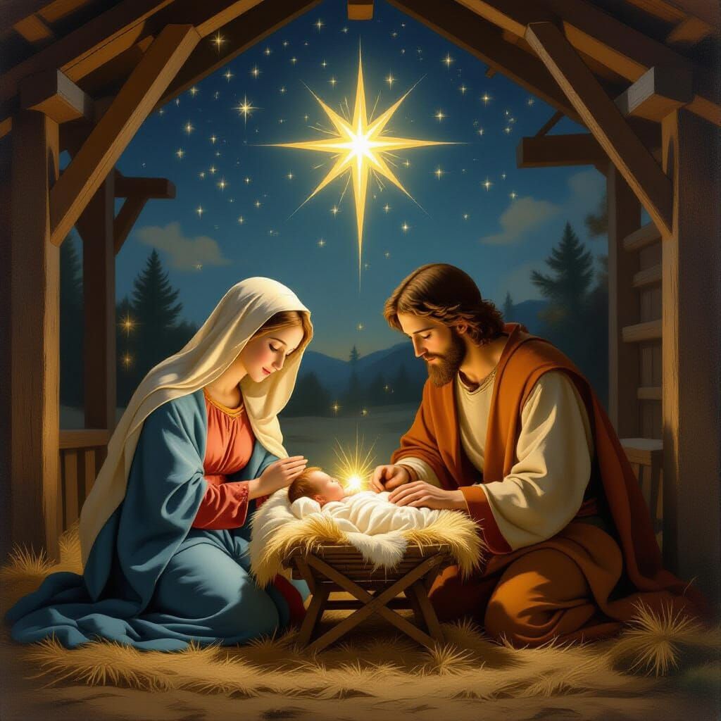 Serene Nativity Scene in Renaissance Oil Painting Style