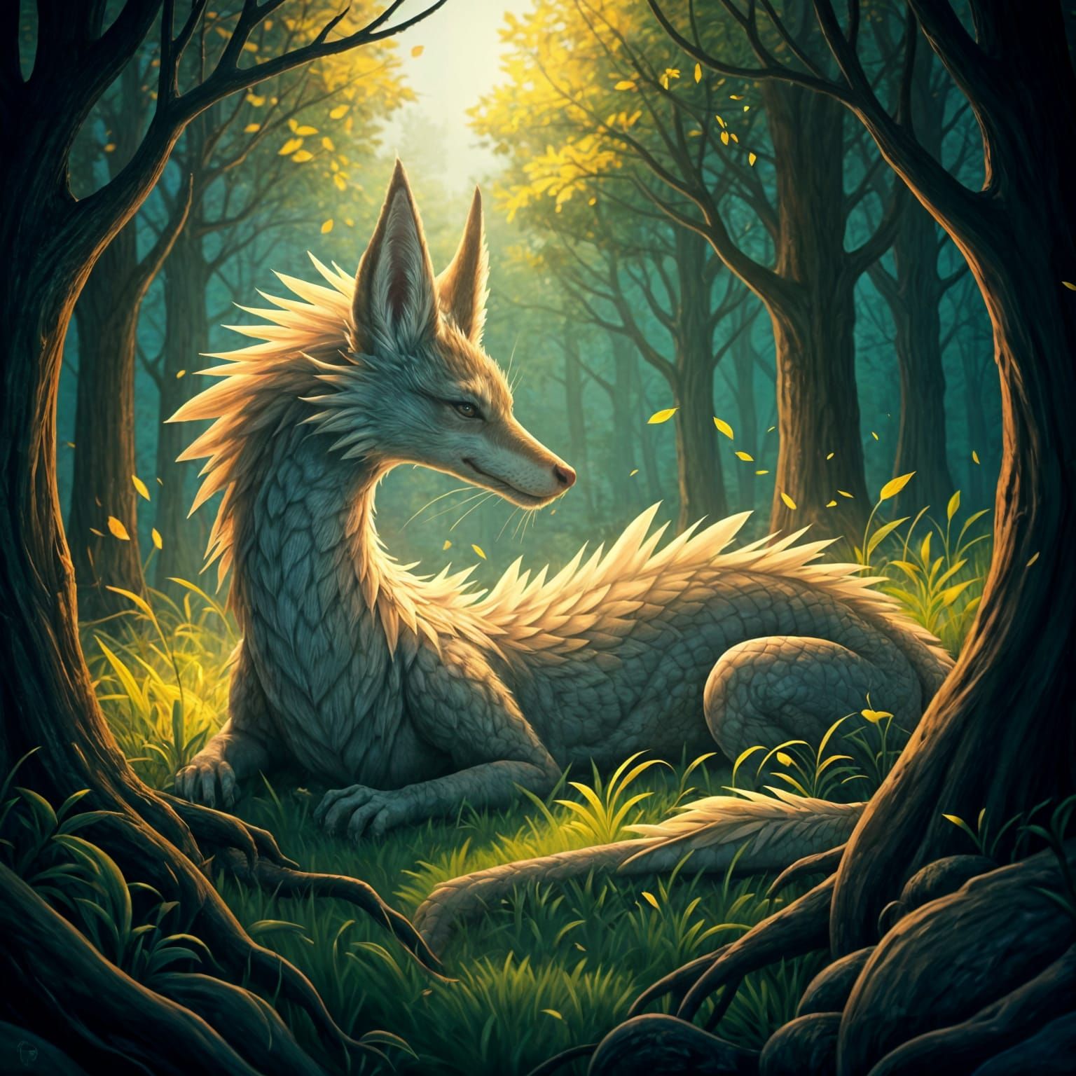 Eastern Dragon with Vulpine Features in Vibrant Forest
