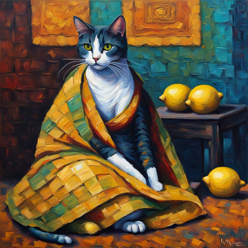 Sad Girl, Lemon Cat in Expressionist Style