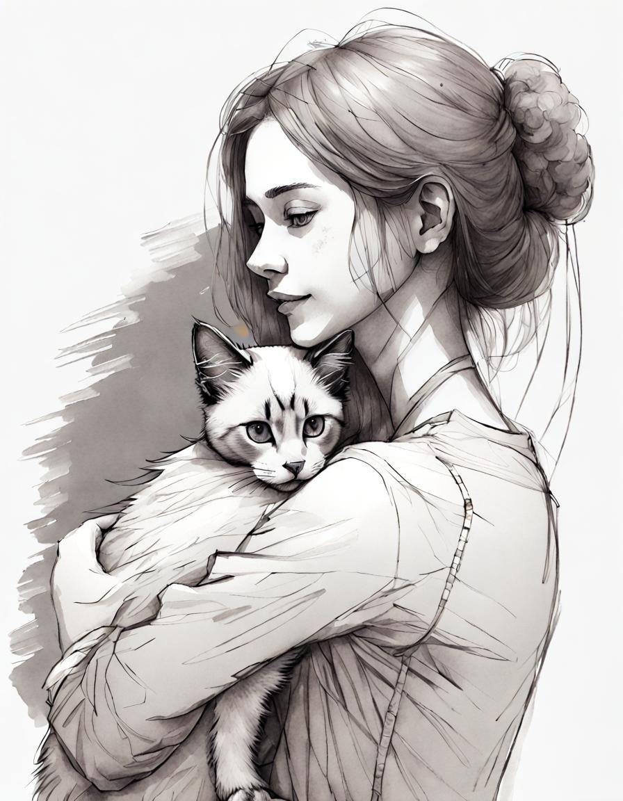 Girl with Ragdoll: A Tender Ink Sketch Portrait