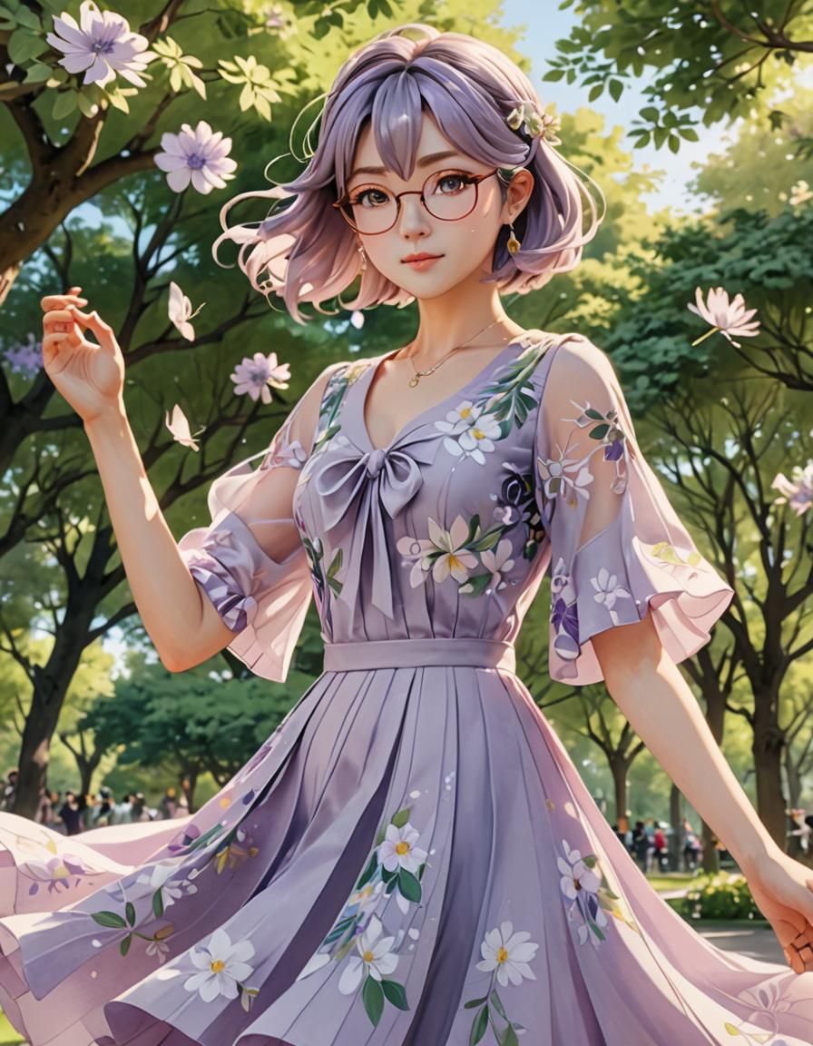 Anime Girl in Floral Dress, Watercolor Style