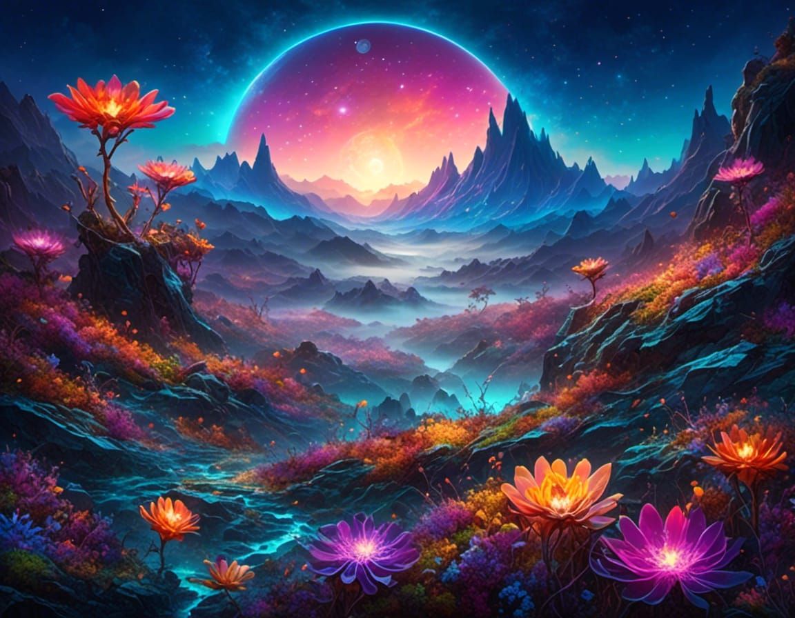Bioluminescent Alien Flowers Under a Double Moon