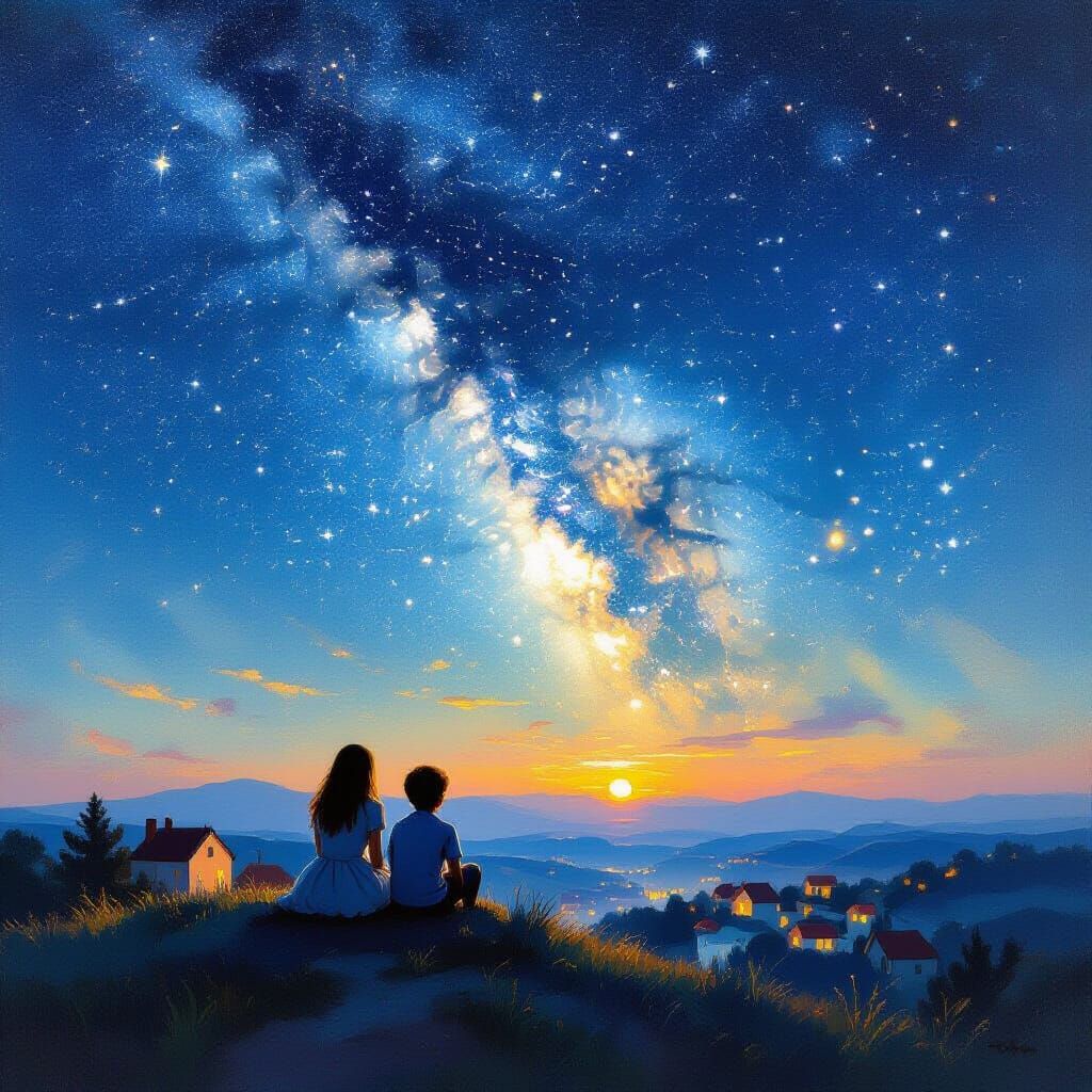 Monet-Style Oil Painting of Children Gazing at Starry Sky