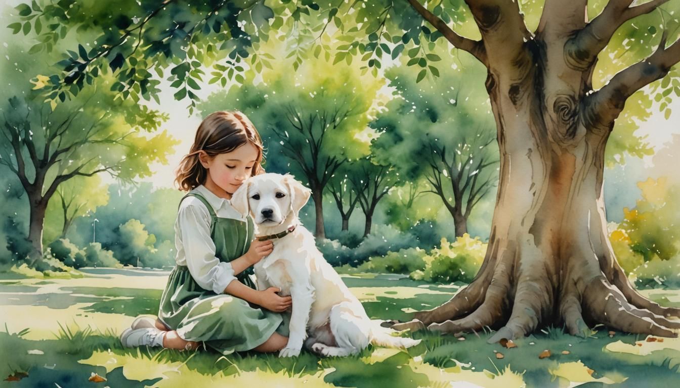 Whimsical Watercolor: Girl with Puppy by a Tree