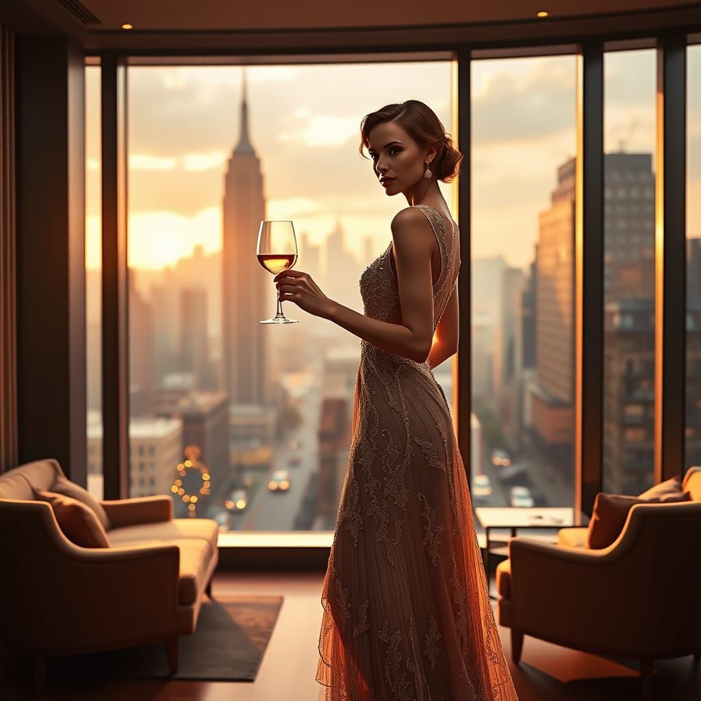 Elegant Woman in Apartment Overlooking 1920s New York