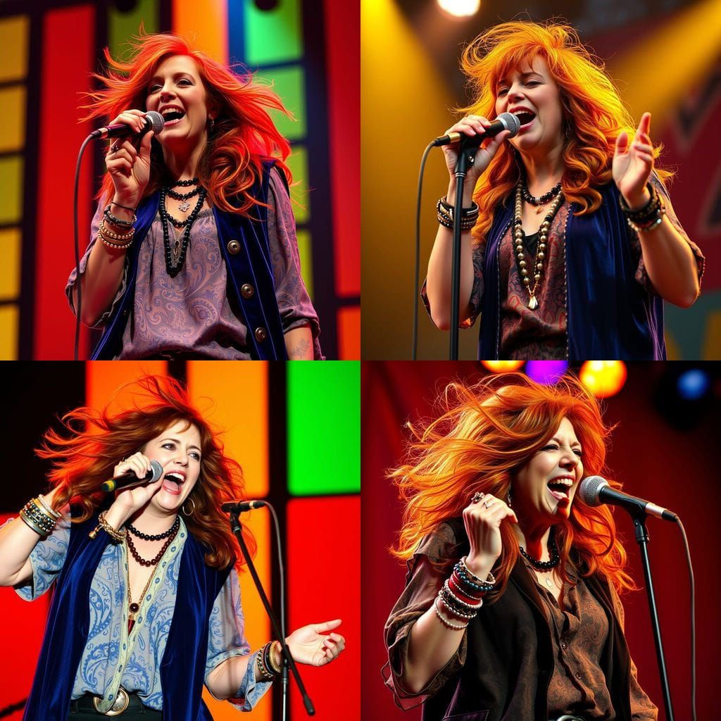 Janis Joplin Performing Live in Vibrant 70s Concert Style