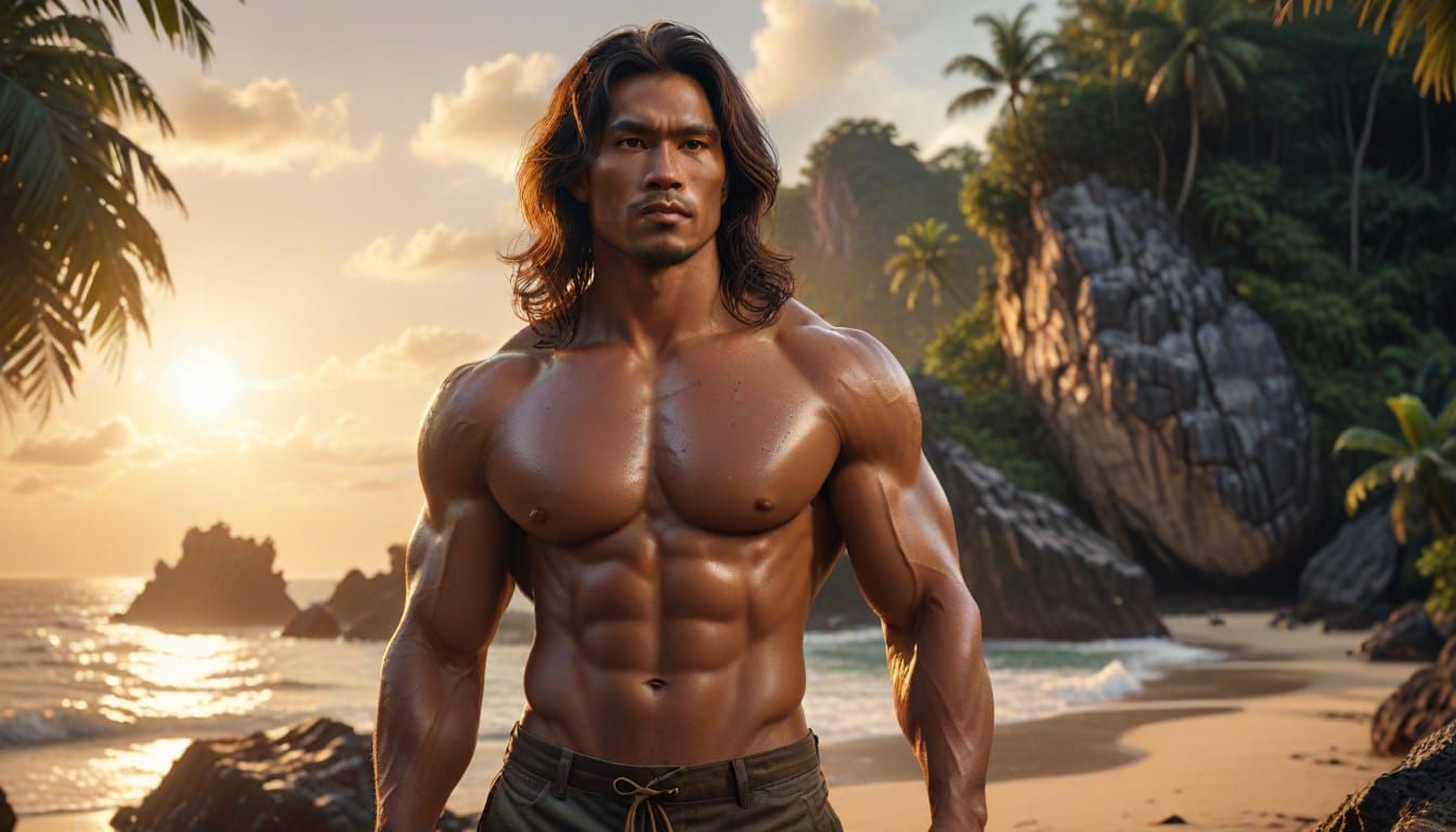 Handsome Filipino Man with Wavy Hair on Beach