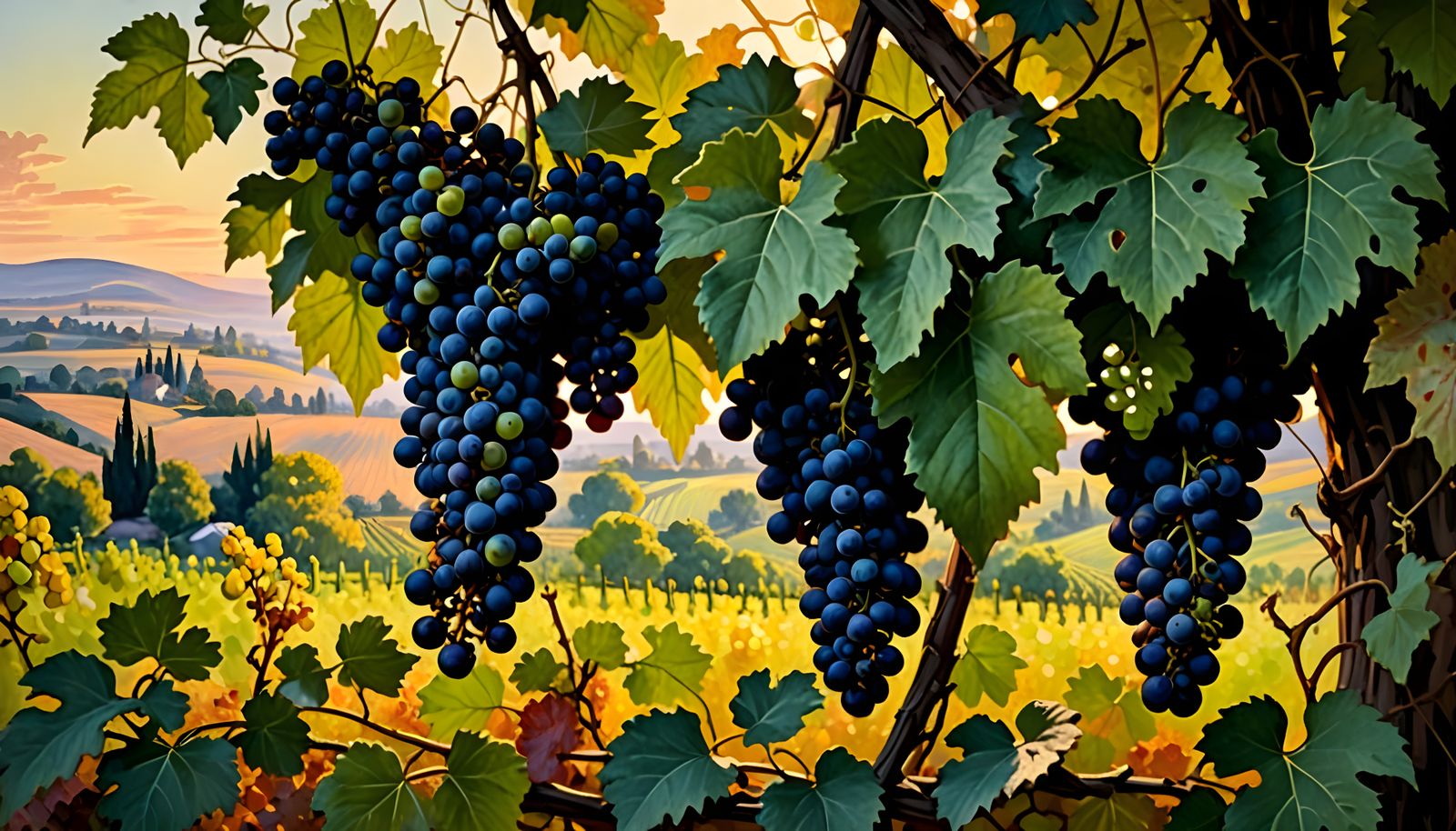 Impressionist Vineyard Scene with Abundant Harvest