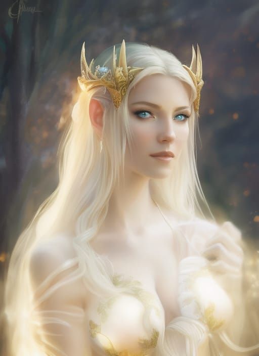 Elegant Elven Woman Portrait Under Misty Night Sky