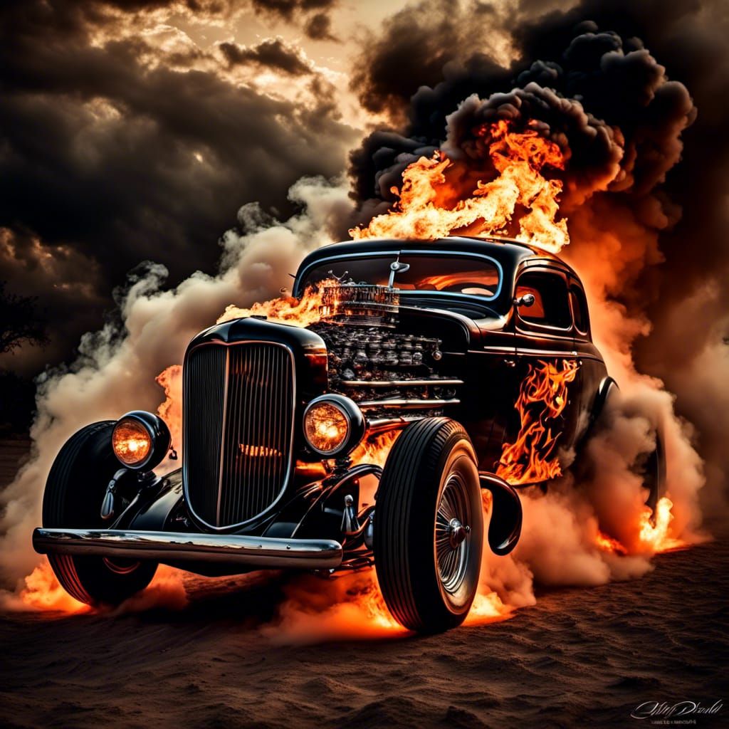 1950s Hot Rod with Flames and Smoke