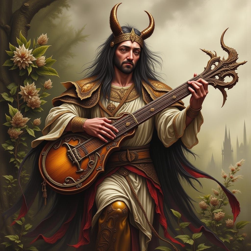 Druid Bard Plays Lyre in Impasto Style