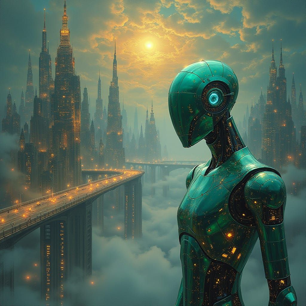 Cyberpunk Metropolis in the Skies, Inspired by Klimt