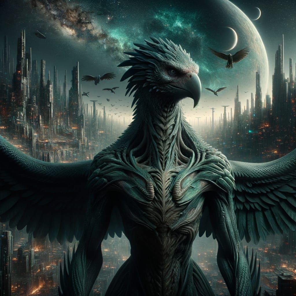 Dark Cinematic Hybrid Creature in Extraterrestrial Metropoli...