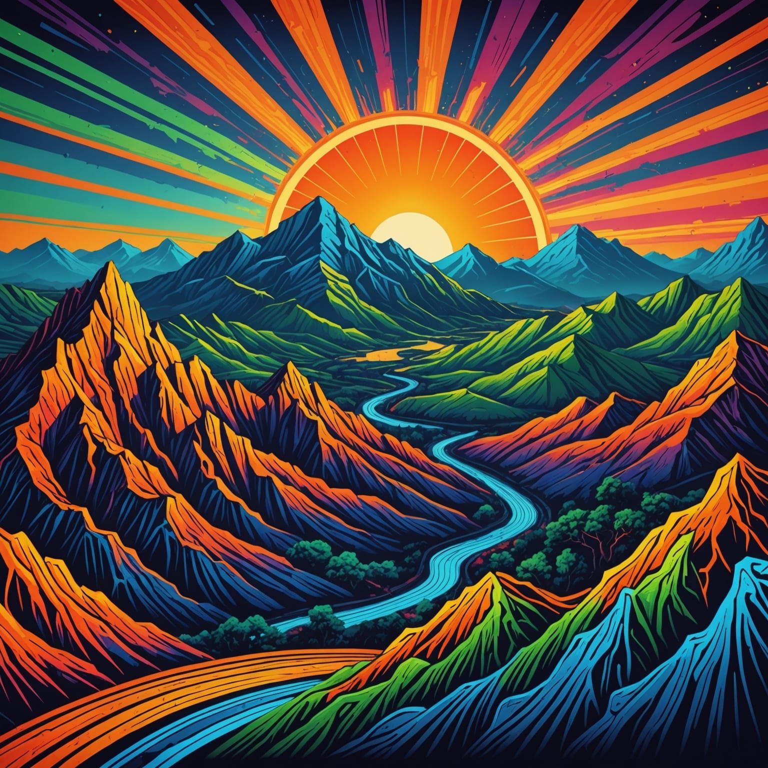 Neon 80s Valley Landscape: Synthwave Art