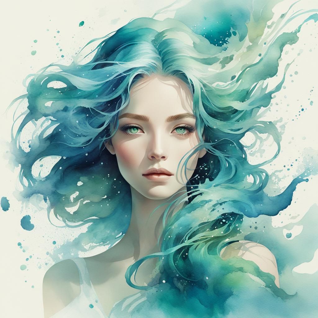 Mystic Aquarius Woman in Watercolor Style