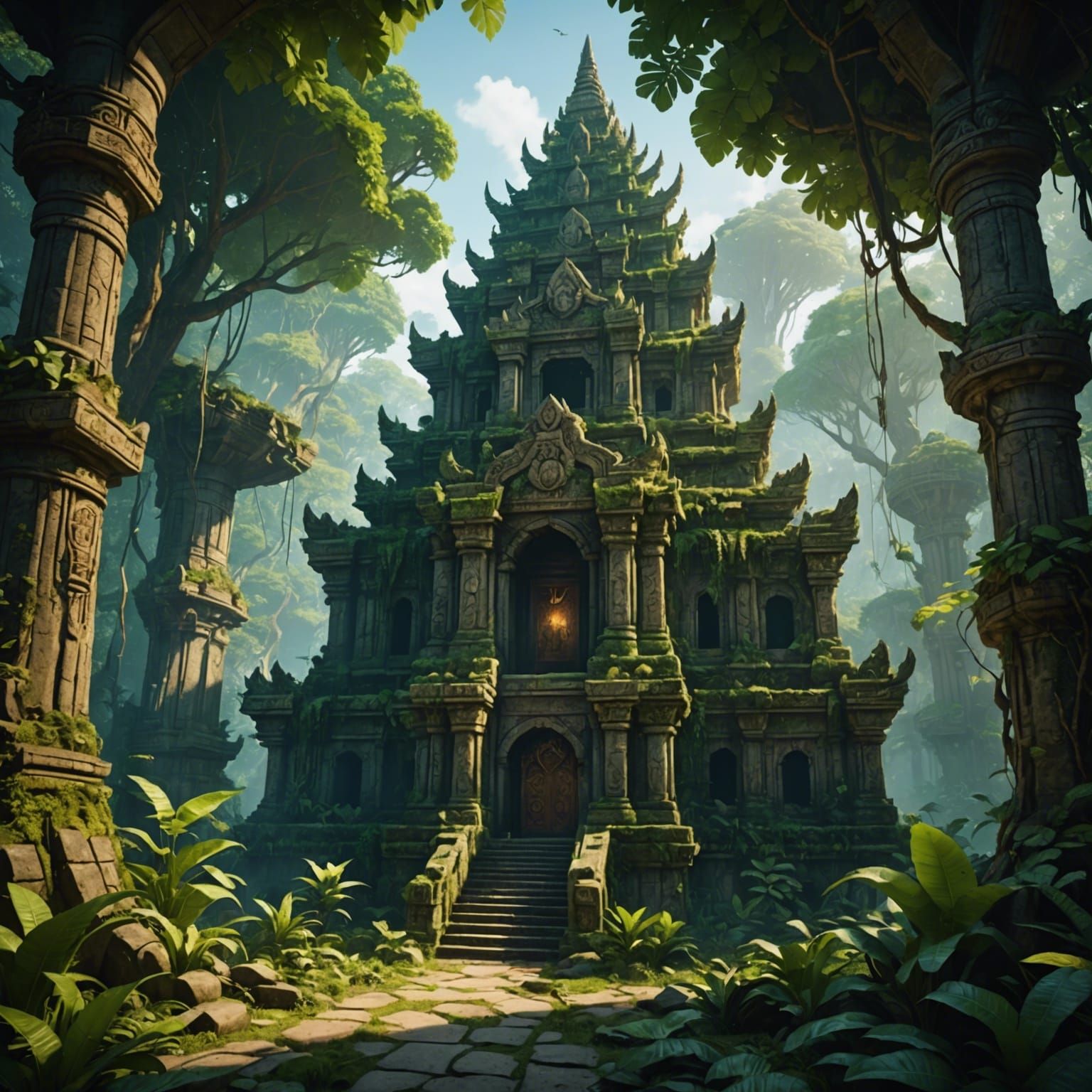 Lush Jungle Temple Concept Art in Deep Color