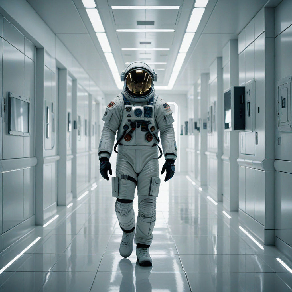 Astronaut Walks Down Futuristic Corridor in Monochromatic Hu...