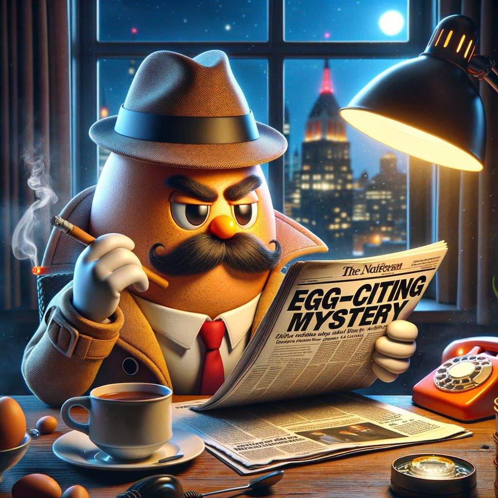 Cartoon Egg Detective Reads 'Egg-citing Mystery'