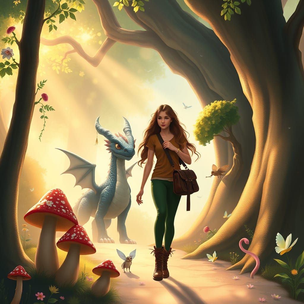 Woodland Princess in Enchanted Forest with Friendly Dragon