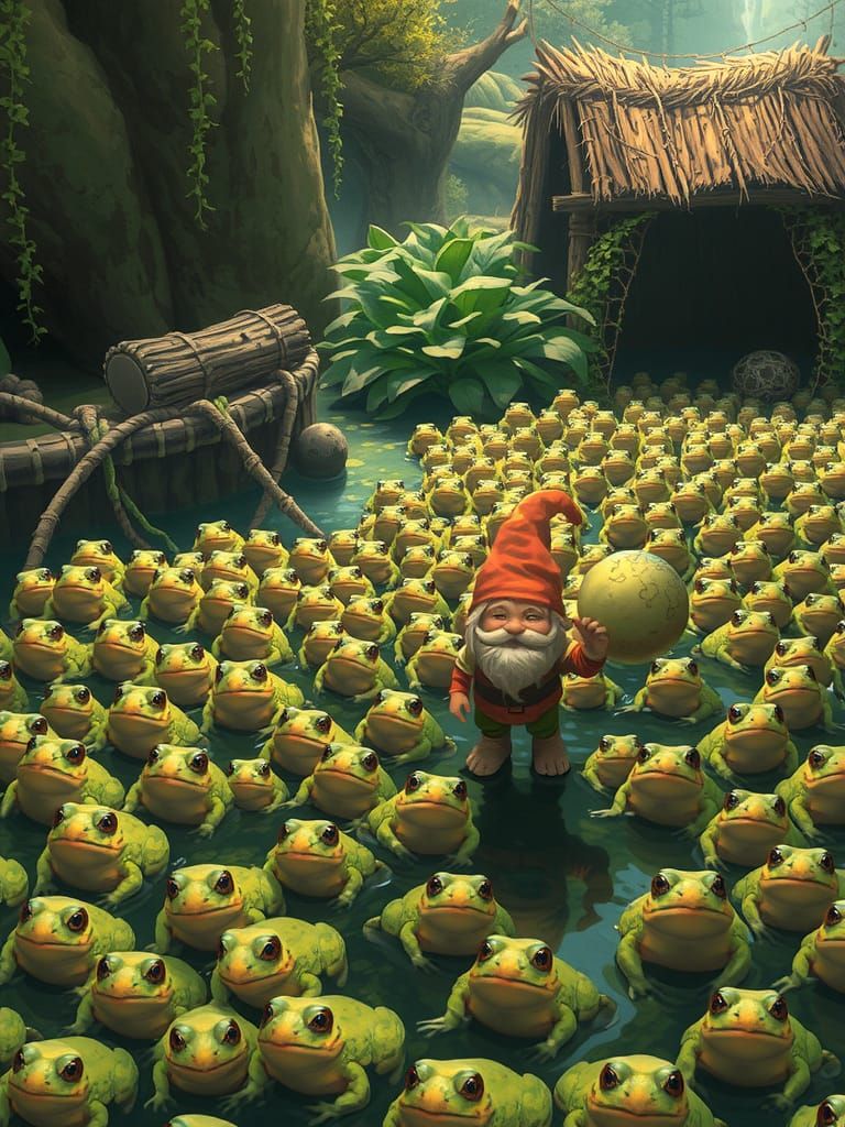 Gnome Herds Frogs in Fantasy Illustration