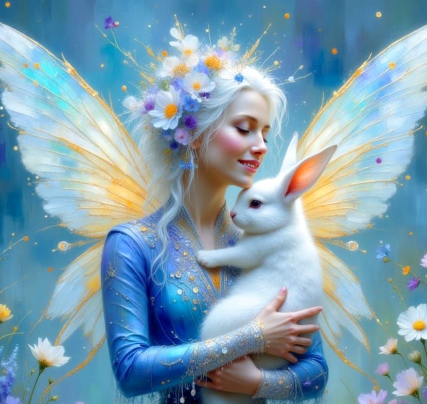 Ethereal Fairy King with Winged Bunny, Impasto Painting