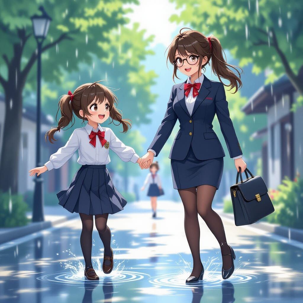 Anime 3D Art of Girls Playing in Rain