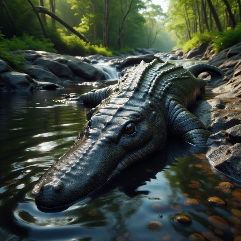 Colossal Prehistoric Crocodile in Swampy River