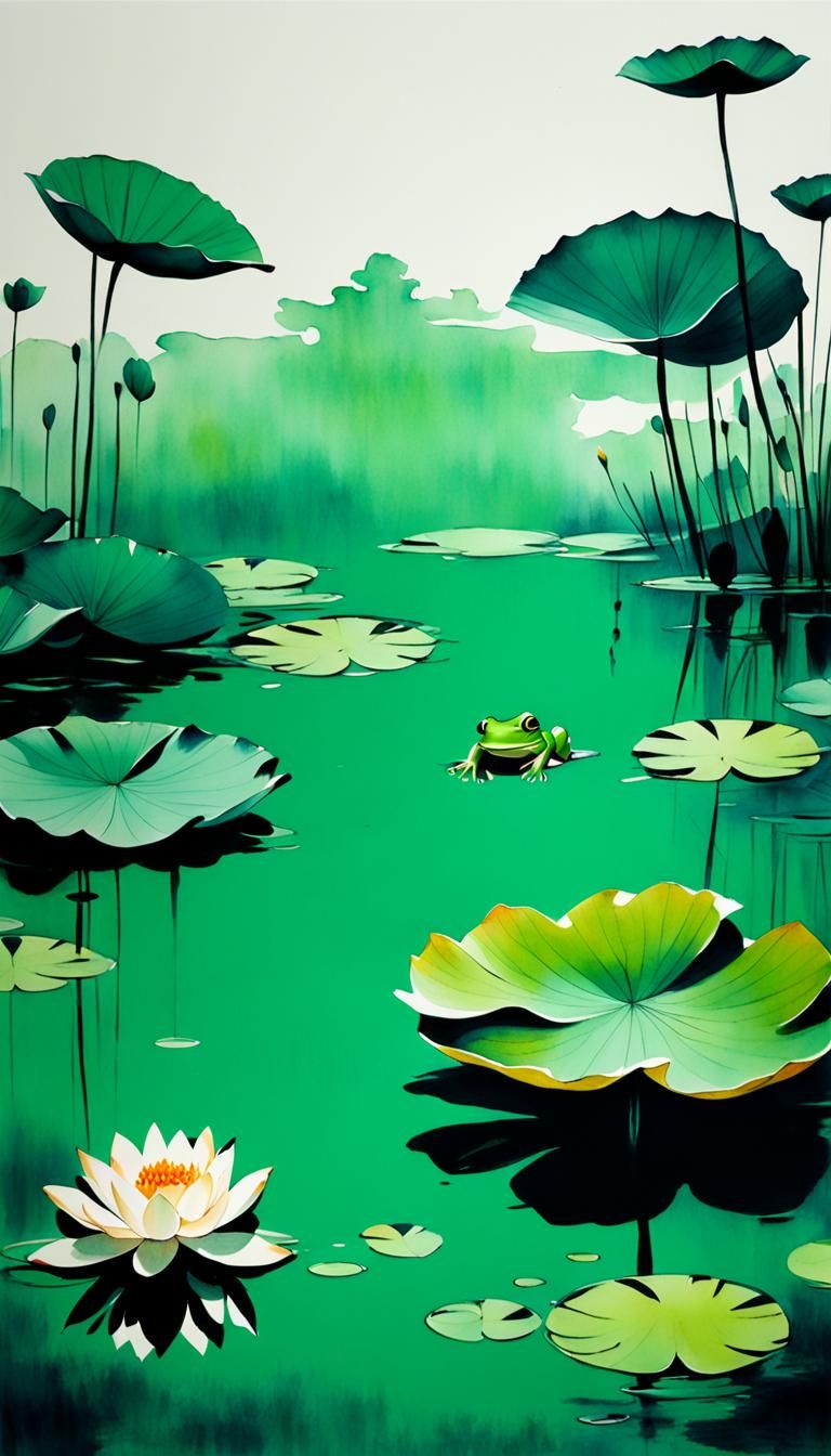 Minimalist Chinese Ink Lotus Flower Pond