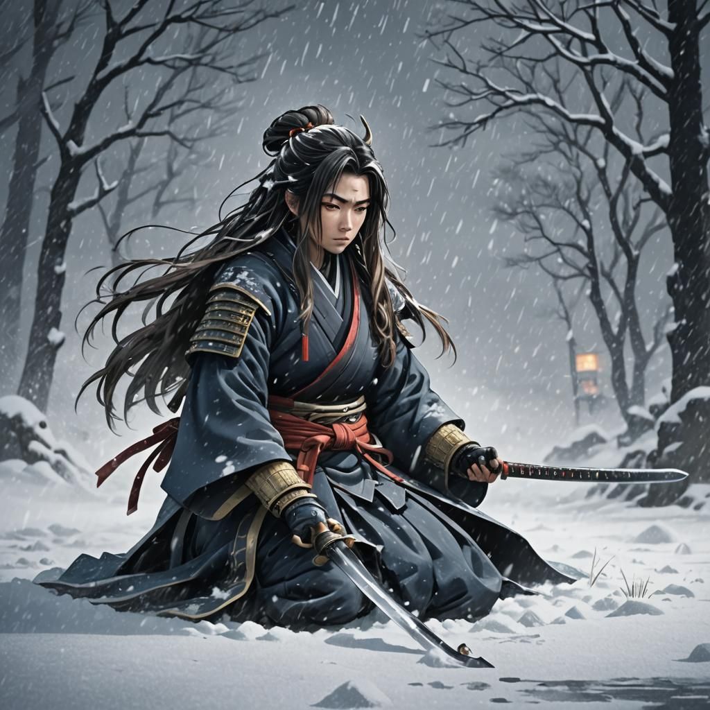 Samurai Woman in Blizzard: Cel-Shaded Anime Art