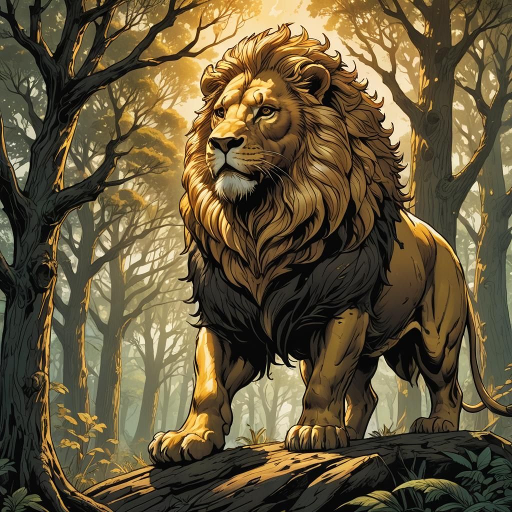 Golden Lion on Hill in Comic Book Style