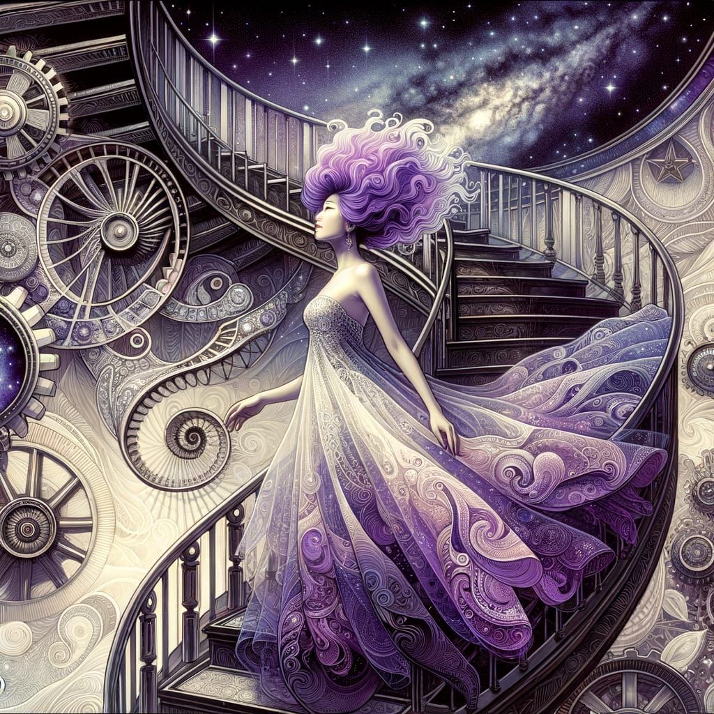 Steampunk Woman Ascends to Galaxy in Art Deco Style