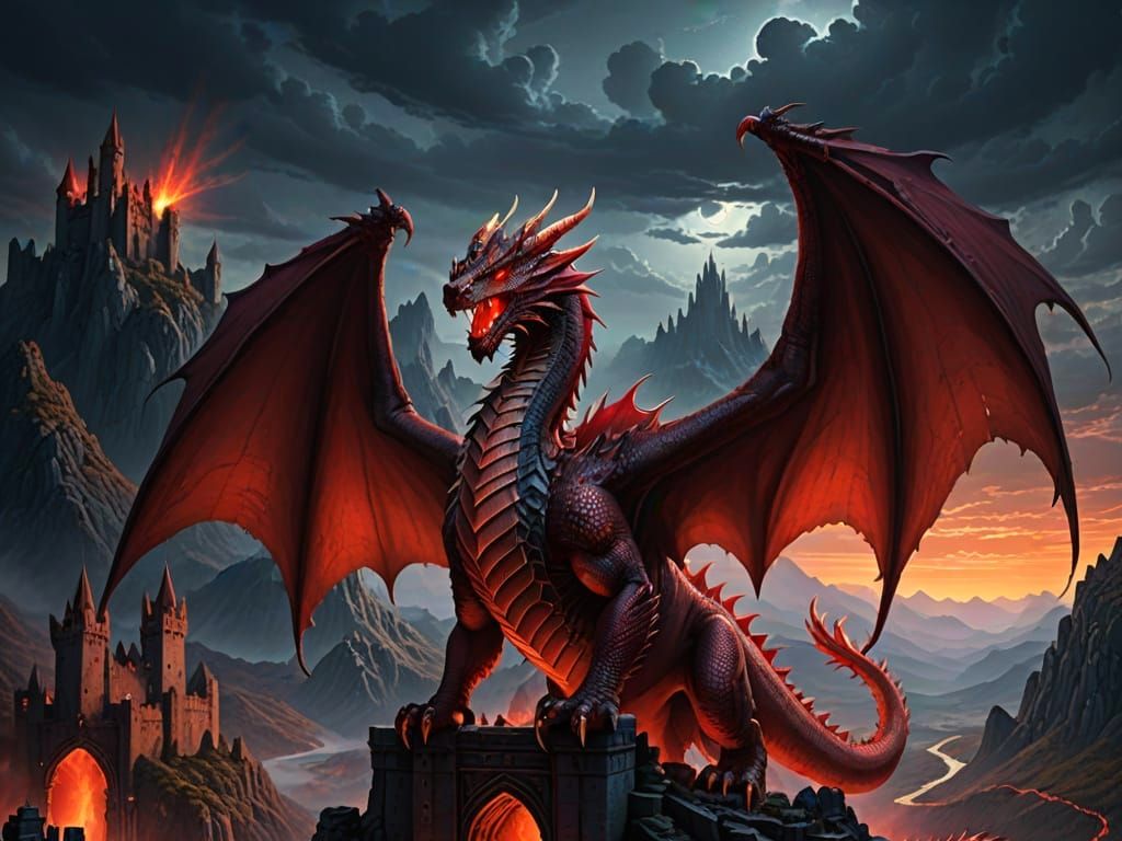 Red Dragon Perched Atop Castle Ruins