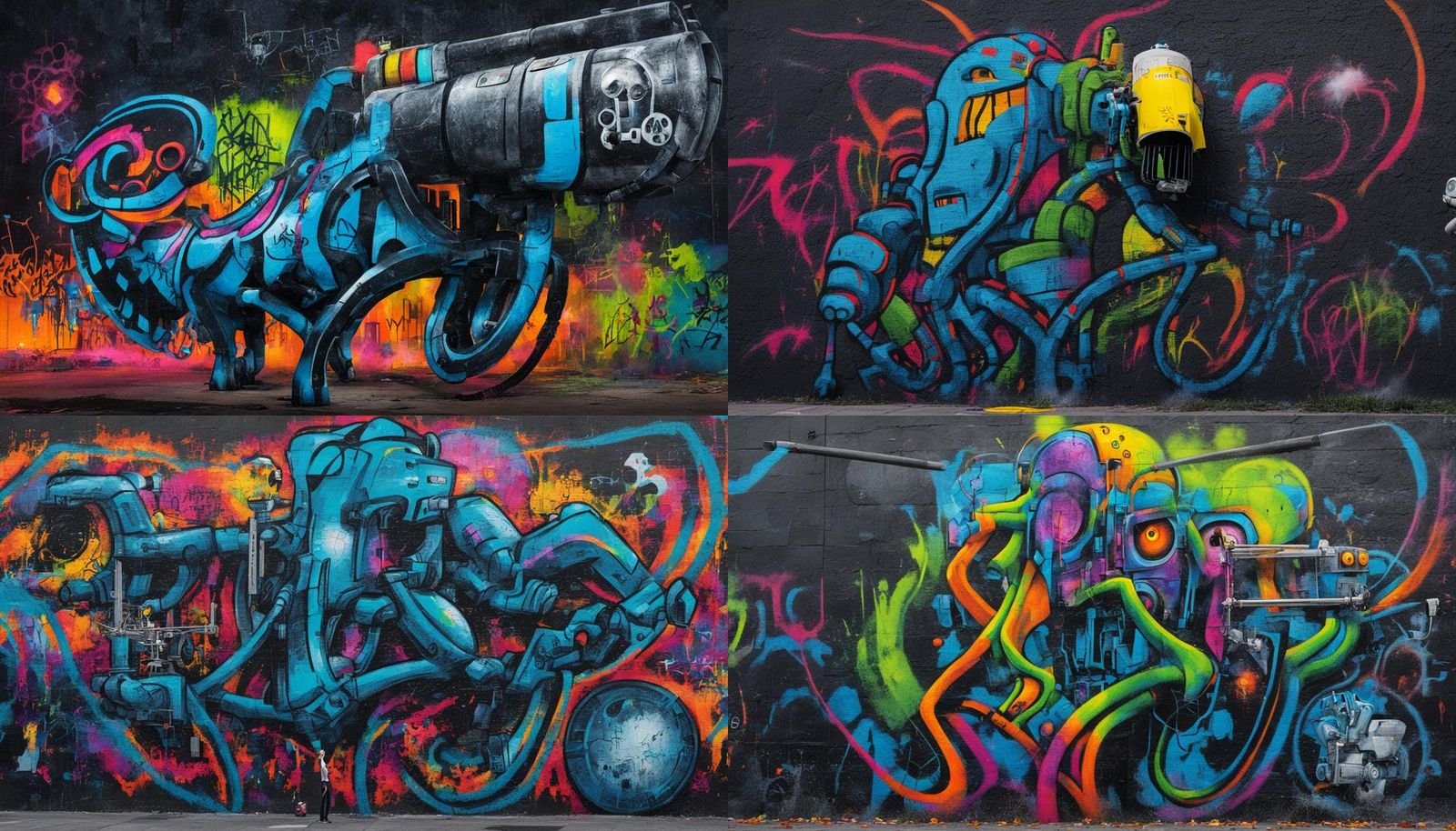 Robot Sprays Graffiti in Dark Cyberpunk City