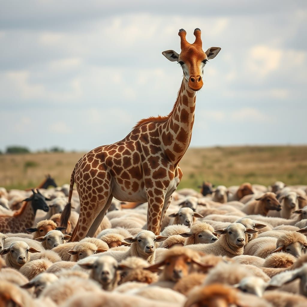 Giraffe Surrounded by a Flock of Sheep in a Pastoral Scene