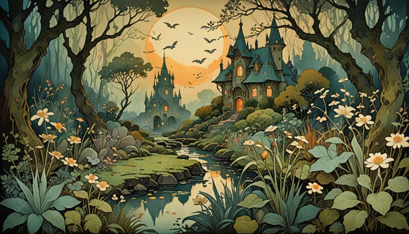 Serene Creepy Garden Collage at Dusk