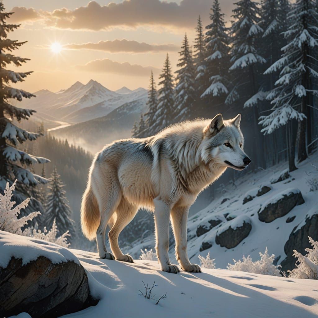 Majestic White Wolf Emerges from Misty Mountains in Warm Gol...