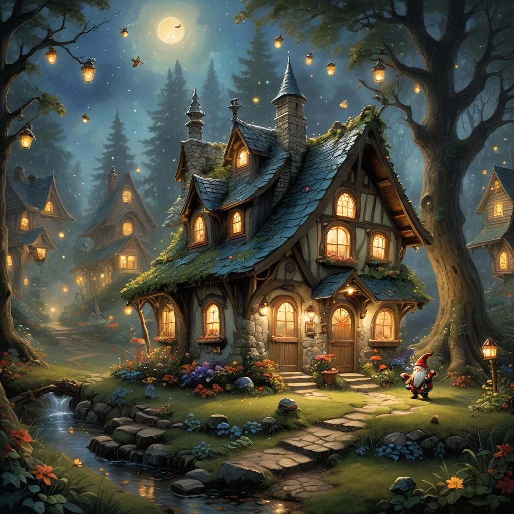 Gnome Home at Night with Fireflies, in Kinkade Style
