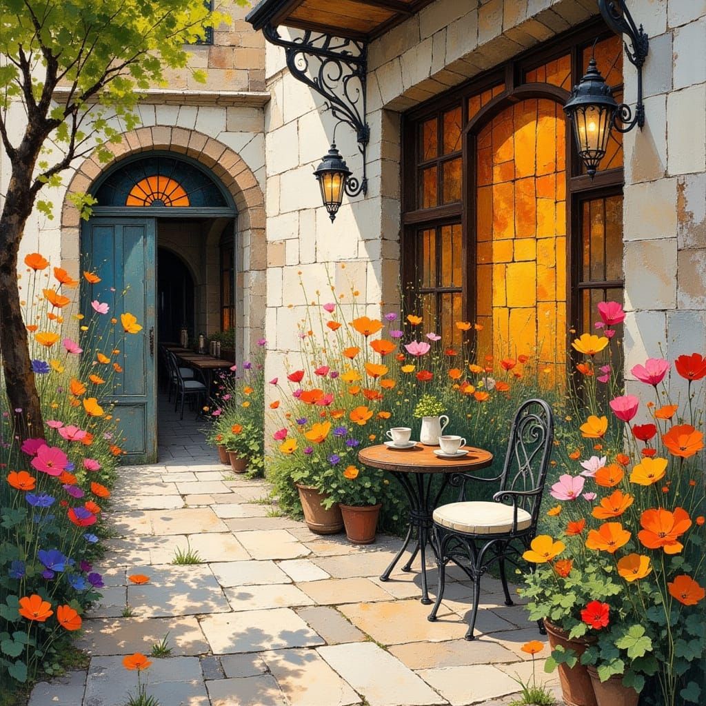 European Coffee Shop in Collage Art Style