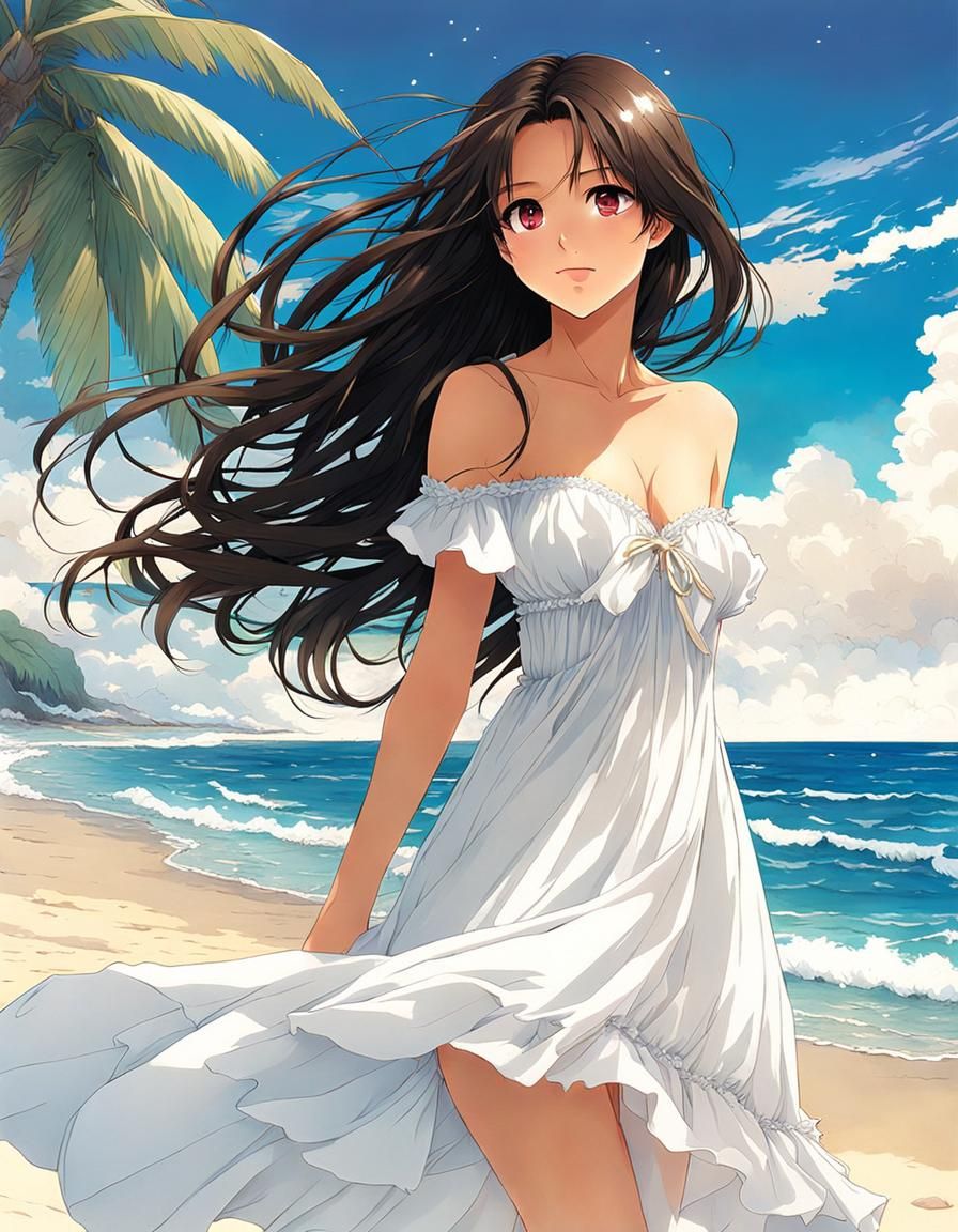 Anime Art of Indonesian Woman on Tropical Beach