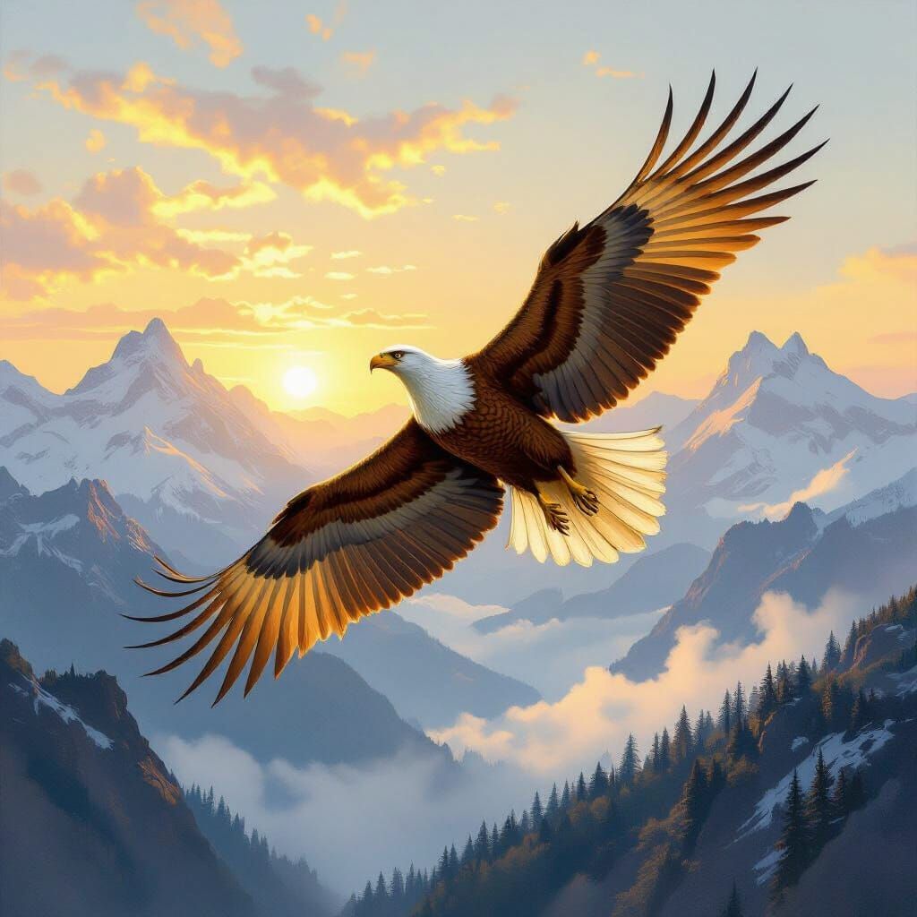 Griffin Soaring Over Misty Mountains as Oil Painting