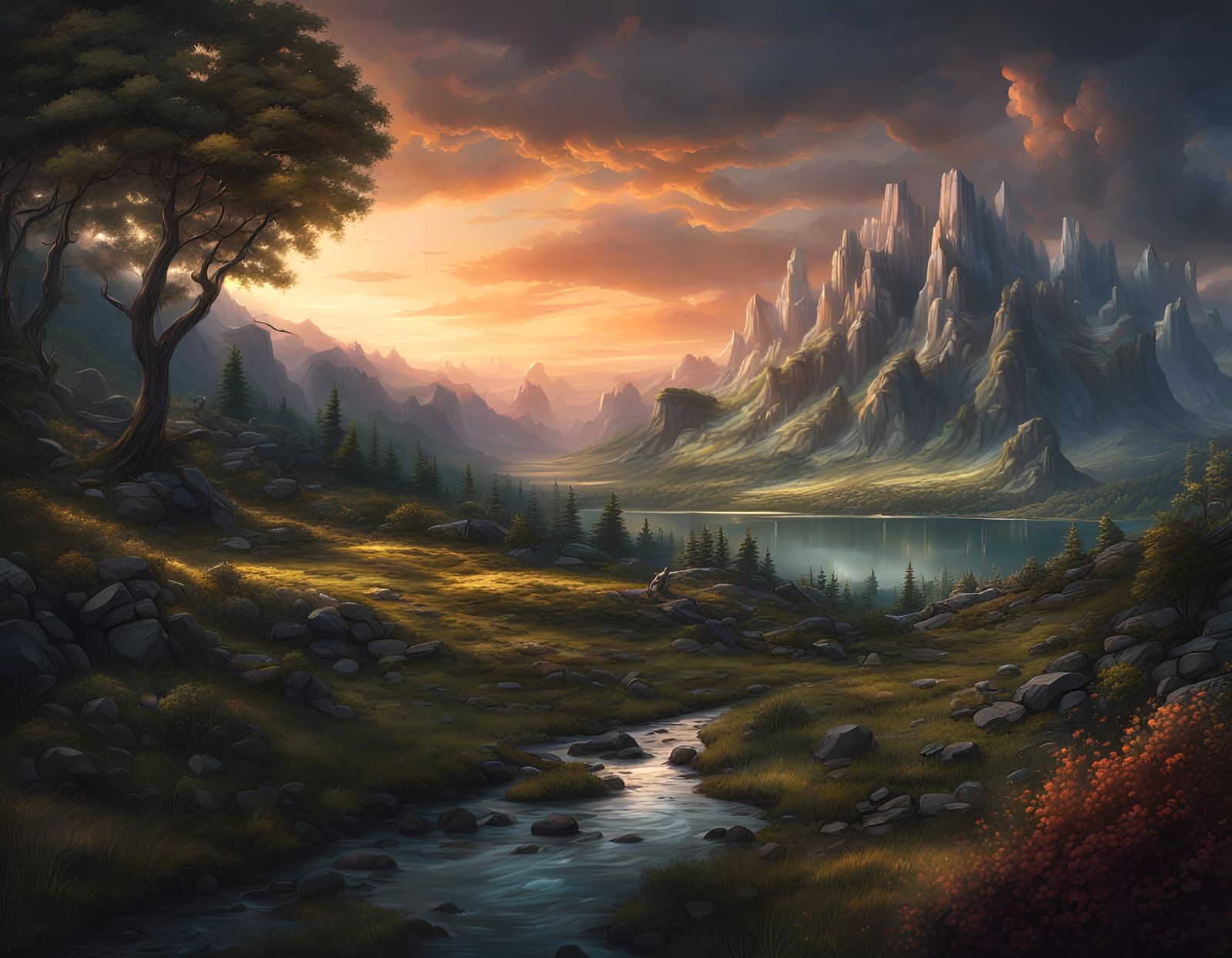 Detailed Evening Landscape Digital Matte Painting