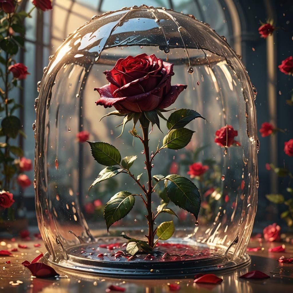 Crimson Rose Under Glass Dome in Hyperrealistic Style