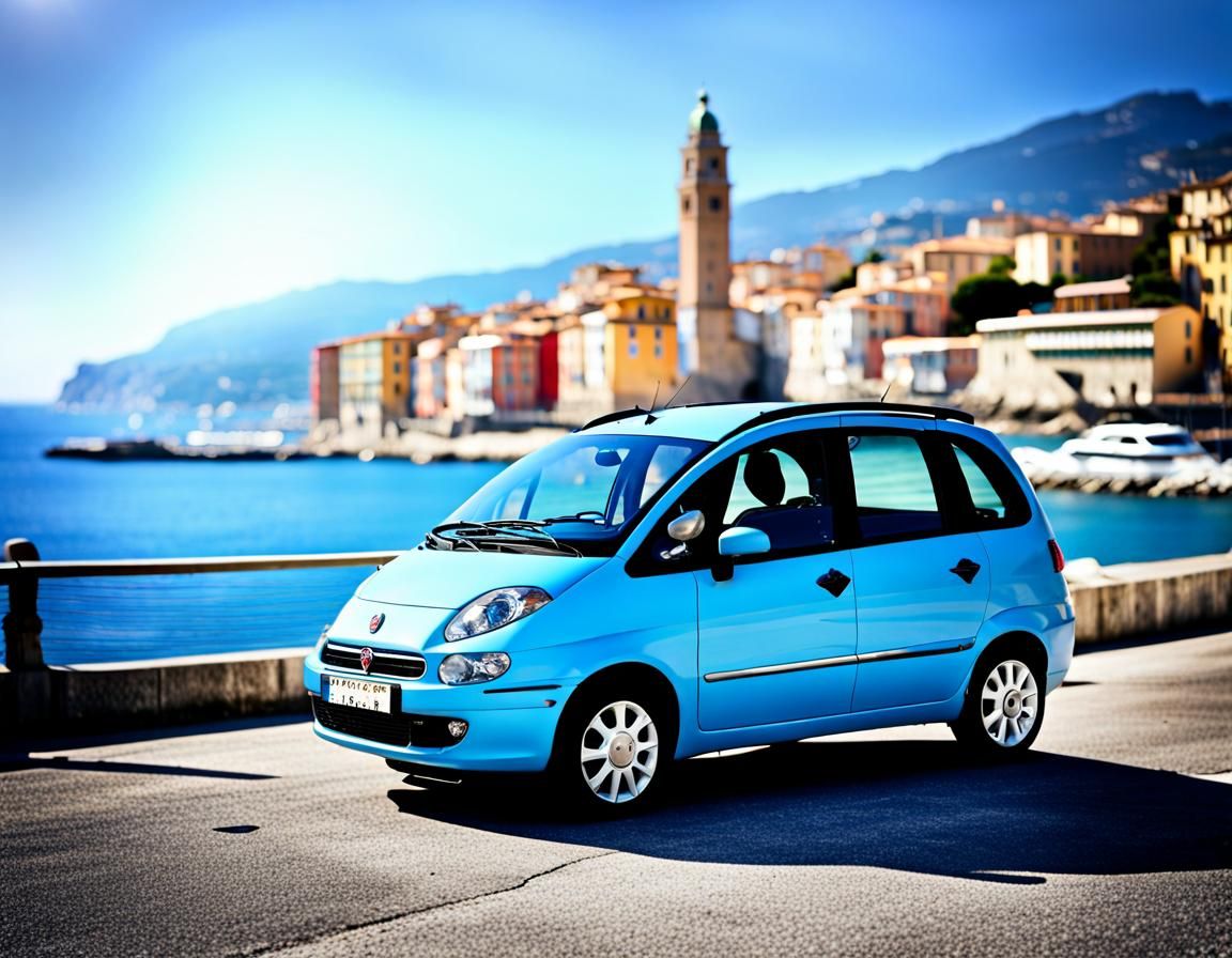 Blue Fiat Multipla on the Italian Coast