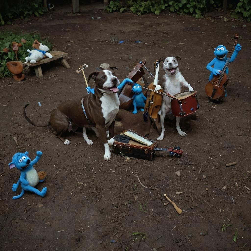 Smurfs Playing on a Dog in Moonlight